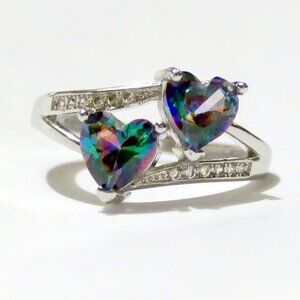 925 Sterling Silver Mystic Topaz Heart Stone Bypass Style Ring